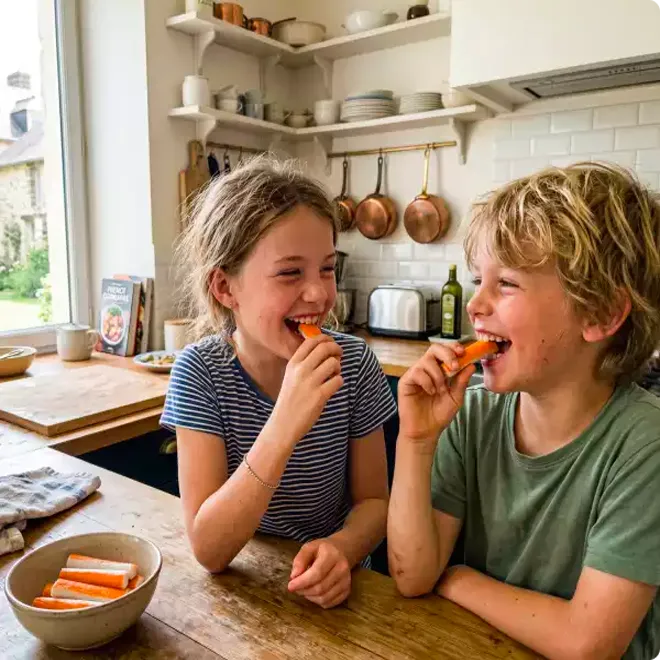 Dégustation bâtonnets Breizh Surimi par les enfants dans une cuisine